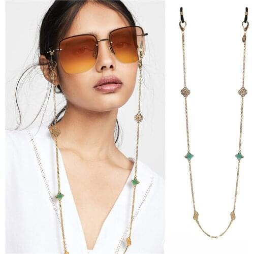 Retro Crystal Clover Flower Link Sunglasses Chains Women Reading Glasses Cord Holder Neck Strap Rope for Eyewear Face Mask Band