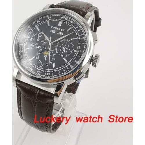 Corgeut 42mm Men watch black dial year day Moon Phase multifunction automatic mechanical watches luxury Men watches