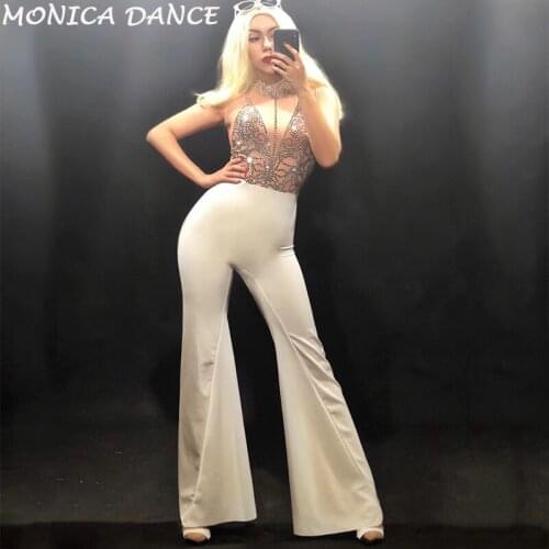 Women Sexy Stage Sleeveless Sparkling Crystals Bodysuit Nightclub Party Dancer Dj Jumpsuit for Singer Stage Wear Bling Costumes