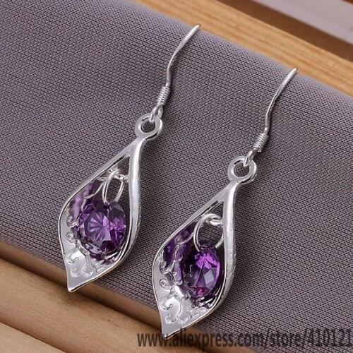 E207 Hotfree Shipping Silver Color Fine Jewelry,Wholesale Jewelry Elegant Charms Fashion Inlaid Purple Stone Shell Earrings