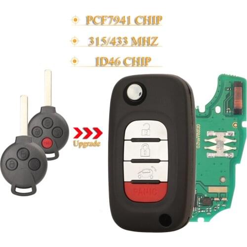 Kutery 3/4 Buttons Fob 315/433 MHZ ID46 PCF7941 Chip KR55WK45144 For Mercedes-Benz Smart Fortwo (2008-2015)