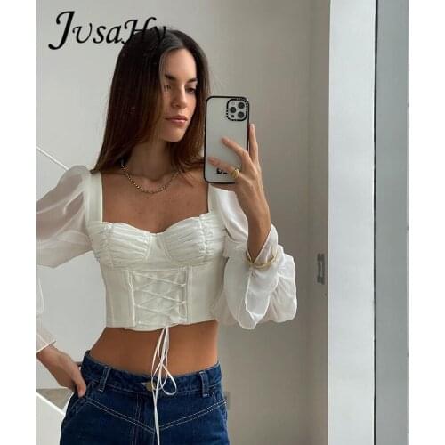 JuSaHy Y2K Fairy Solid White Blouse Chiffon Tulle Flared Sleeves Strappy Top for Women Slim Sweet Korean Style Party Clubwear