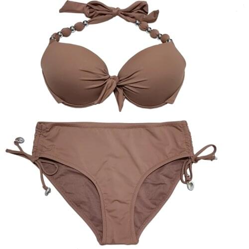 EONAR Push Up Bikini 2021 Shoulder Strap Beads Swimsuit Mid Waist Bikini Sets Full Coverage Bathing Suits Beach Wear Swimwear