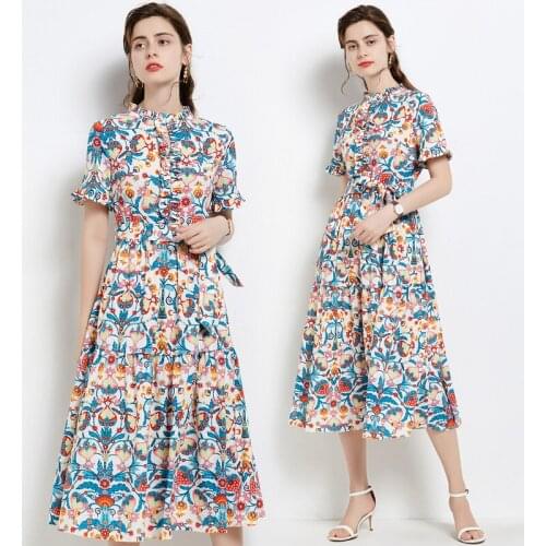 Fashion Summer Supermodel Catwalk New High-End Womens Clothing Lace-up Slim-Fit Printed Short Sleeve Long Dress