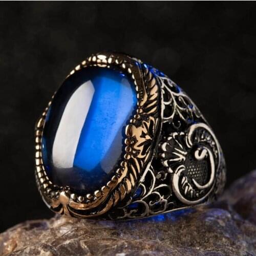 Men Silver Ring Blue Zircon Gemstone Ring Arabic Letter Vav Motif Ring Ottoman Style Ring