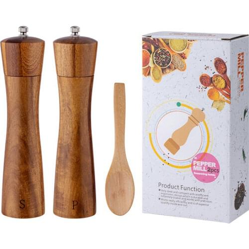 Salt and Pepper Mills Set Acacia Wood Spice Gringer, Ceramic Pepper Grinder with Spoon
