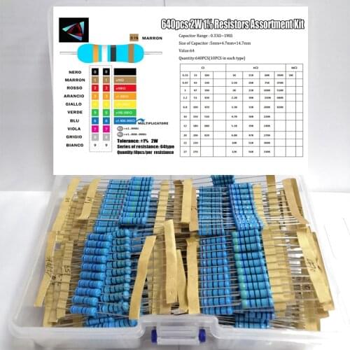 2W 1% 0.33R-1M,64valuesX10pcs=640pcs Metal Film Resistor Assorted Kit