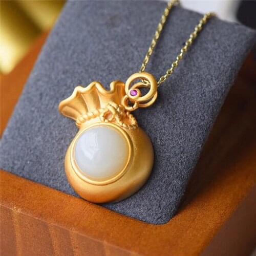 Natural Hetian Jade White Jade Small Chinese Character Fu Bag Pendant Female Auspicious Clavicle Chain Pink Palace Style Retro G