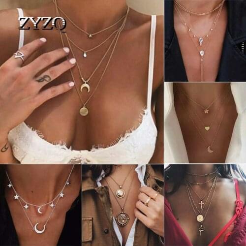 ZYZQ Retro Moon World Map Circle Multilayer Gold Color Pendant Necklace For Women Fashion Party Jewelry Accessories Wholesale
