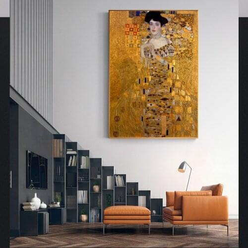 Gustav Klimt Kiss Paintings Replica On The Wall Portrait Of Adele Bloch Golden Classical Wall Art Canvas Picture For Living Room