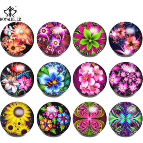 ROYALBEIER 12pcs/lot Mixed Flower Pattern&Styles Charms For 18mm Glass Snap Button For DIY Bracelet Snaps Jewelry KZ0999