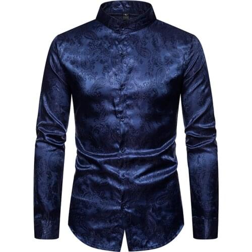 Mens Casual Satin Silk Shirts Navy Shirt Fashion Casual Slim Fit Mandarin Collar Shirt Men Wedding Chemise Homme