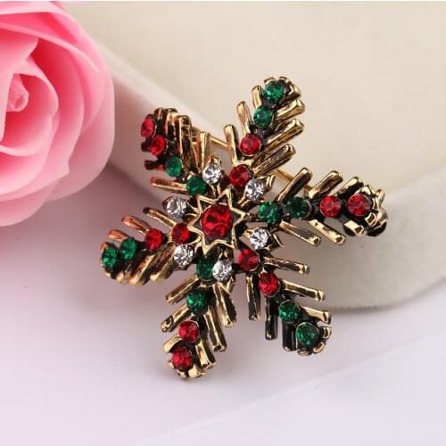 Vintage Christmas Color Crystal Snowflake Pin Badge Brooch Antique Color Xmas Clothing Scarf Suit Jewelry Decoration Accessories