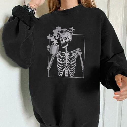 Harajuku Vintage Women Long Sleeve Sweatshirts Skeleton Drinking Tea Print Funny Drop Shoulder Plus Size Loose Sport Sweatshirt
