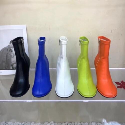 Round Toe Women Ankle Boots Short Stretch Booties Black/Blue/White/Green/Orange Fashion Thin High Heels Side Zipper Party Pumps