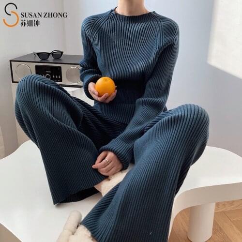 Women Sets Female Sweater Ladies Knitwear Tops Pullovers Pants Trousers Autumn Winter Loose Straight Round Neck Elastic Waist OL