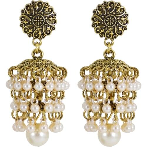 Indian Womens Gold Silver-Color Alloy White Beads Tassel Jhumka Earrings Ethnic Gypsy Alloy Big Bell Drop Earring Fashion Jewel