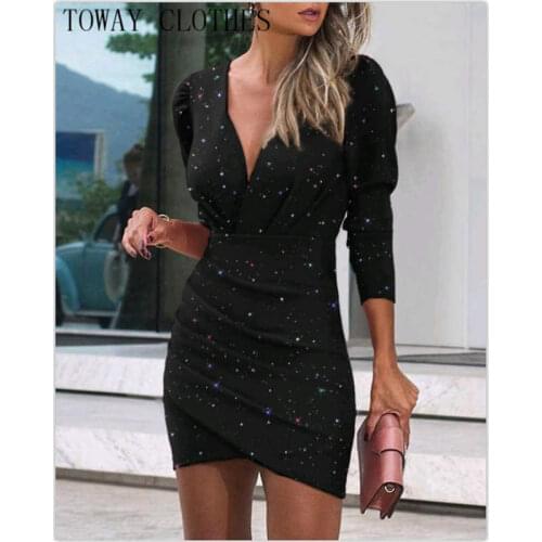 Women Glitter Ruched Plunge Long Sleeve Bodycon Elegant Party Mini Sexy Bodycon Dress
