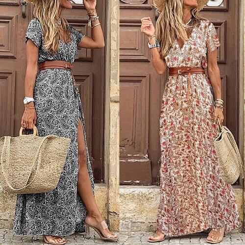 Women V Neck Short Sleeve Paisley Print Belt Large Hem Beach Long Dress Print Dress Summer Beach Dress with Belt Clothing New