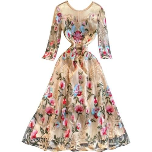 Long sleeve lace dress 2021 Runway Style Vintage Flower Embroidered Elegant Slim Mesh Dresses For Women Vestido