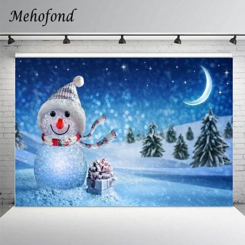 Winter Portrait Photography Background Night Forest Moon Glitter Star Blue Bokeh Snowman Gift Baby Backdrop Photo Studio Decor