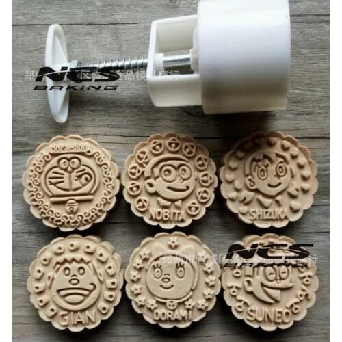 100g Round shape cartoon Cake Molds with 6 Stamps plastic hand pressure chinese moon cake mould,50sets/lot