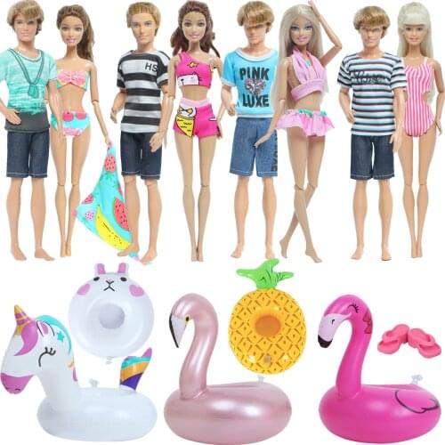 4 Pcs/Pack Summer Wear Doll Clothes Mens Outfits + Bikini Pink Slippers Lifebuoy Accessories for Barbie Doll Ken Doll Kids Toy
