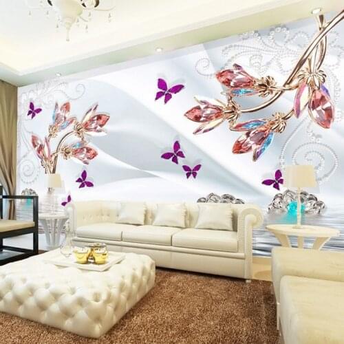 5d wall Murals Crystal Butterfly Purple Flower Glitter 3d Wallpaper mural 3d photo wall Mural for Living Room 8d Mural