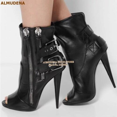 ALMUDENA Nude Black Spike Heels Ankle Boots Open Toe Matte Leather Buckle Strap Short Booties Motorcycle Boots Zipper Shoes Pump