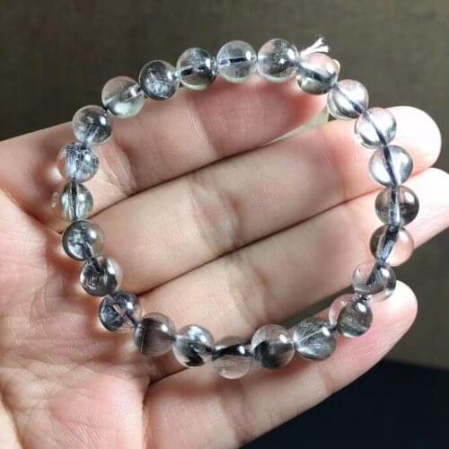 7.6mm Natural Brookite Platinum Silver Rutilated Quartz Bracelet Crystal Clear Round Bead Woman Man Gift Gemstone Jewelry
