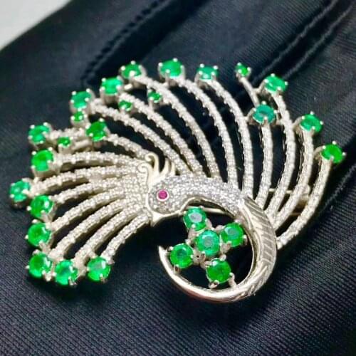 Natural green emerald Elegant Luxurious Peacock wings brooch Pendant natural gemstone brooch S925 silver women gift jewelry