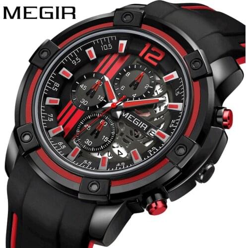 MEGIR Sport Chronograph Mens Watches Top Brand Casual Silicone Strap Waterproof Quartz Watch Man Clock Relogio Masculino 2097G