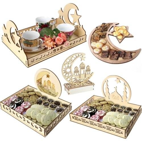 Wooden Eid Mubarak Decoration for Home Islamic Ramadan Kareem Muslim Party Decor Eid Food Tray Ramadan Mubarak Gifts