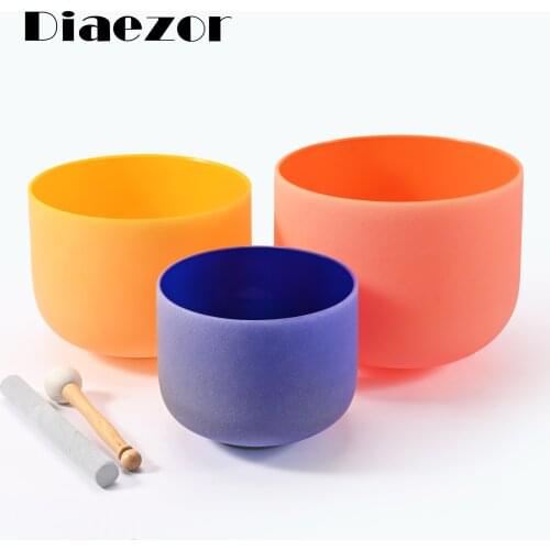 Diaezor 432Hz 3 pcs of 8"A 10"F 12"C Note Colored Chakra Crystal Singing Bowl Set for Meditation with accessories
