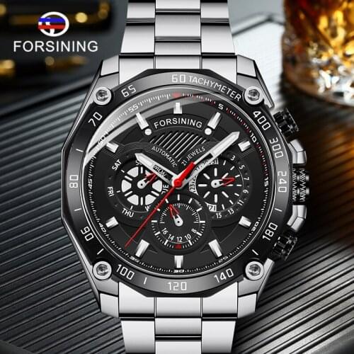 Forsining Three Dial Men Watch Steel Mechanical Automatic Male Wrist Watches Silver Black Waterproof Clock relogio masculino