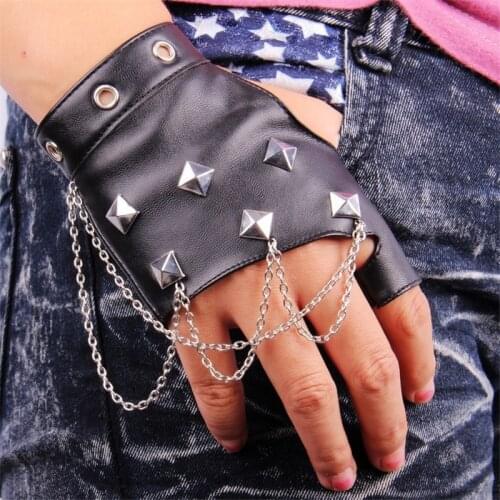 Idopy Men`s Women`s Faux Leather Glove Chain Punk Dancing Rock And Roll Jazz Cosplay Party Heart Glove With Studs