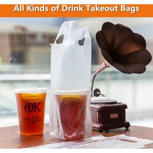 Coffee Tote Bag White Transparent Packaging Pocket Single and Double Cup Plastic Bags Cokes Tea Drink Pouch