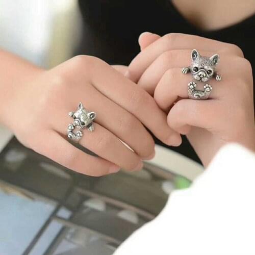 Wholesale New Trendy French Bulldog Ring Antique Silvere Color Fashion Men Promise Rings For Women Overwatch Aros
