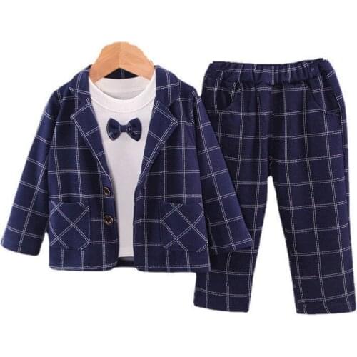 New Spring Autumn Baby Boy Clothes Suit Children Gentleman Costume Casual Plaid Coat T-Shirt Pants 3Pcs/Set Kids Formal Clothing