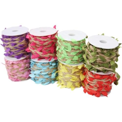10M Burlap Leaf Ribbon Natural Jute Twine with Artificial Leaves Leaf Ribbon Trim Rope for DIY Crafts Party Wedding Home Decor
