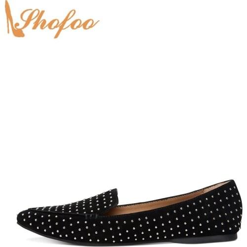 Black Pionted Toe Flats Woman Slip On Loafers Large Size 13 16 Ladies Fashion Silver Rivets Evening Party Mature Shoes Shofoo