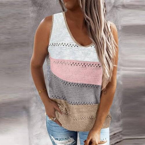 40# Vintage Knit Tanks Womens Casual Color-block Summer Tee Top V-neck Contrast Color Stitching Sleeveless Camis Топ Женский