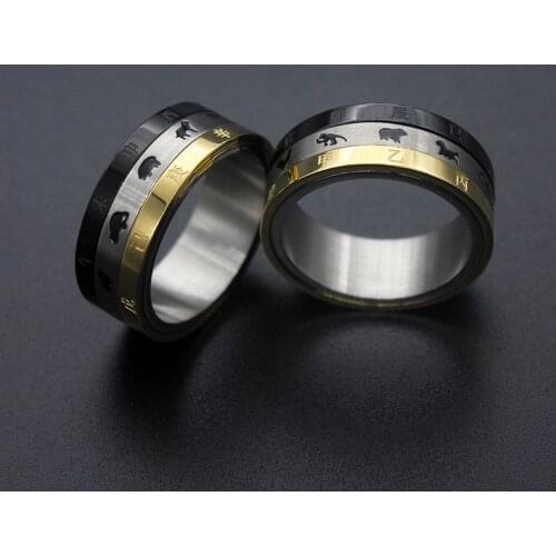 Mens Zodiac Chinese style letter Ring Cool gold Black Stainless Steel Wia Rings for Men Jewelry dropshipping