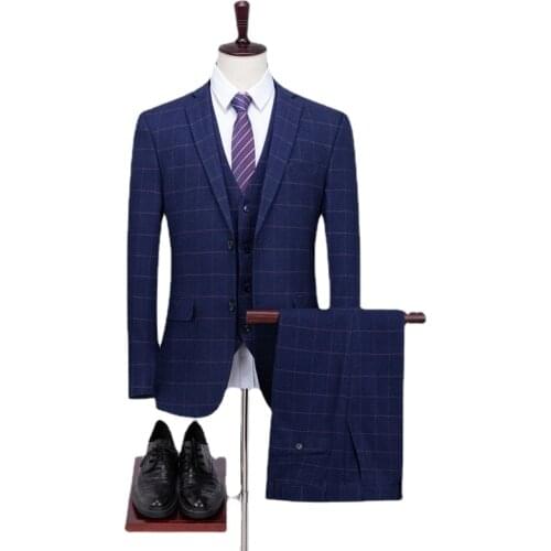 Jacket + Vest + Pans ) High-end Brand Formal Business Blue Plaid Mens Suit 3 Piece Sets Groom Wedding Dress Social Suit Male