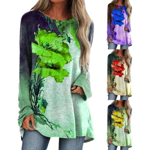 Casual Women Long Shirt 3D Floral Print Women Top Long Sleeve Autumn O-Neck Loose Long Tunic Blouse Streetwear Female Clothes
