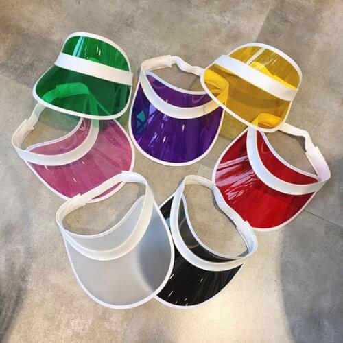 Unisex Transparent PVC Plastic Sunshade Hat Frosted Sweet Candy Color Empty Open Top Sports Beach Sun Visor Cap Strap Beach Cap