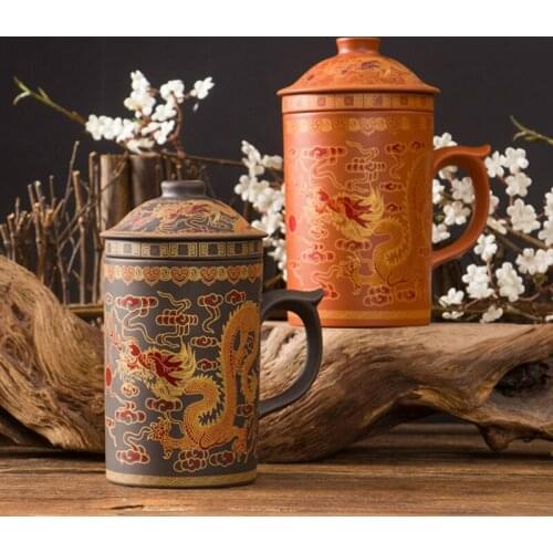 Retro Tea Mug With Lid Infuser Traditional Chinese Dragon Phenix Purple Clay Handmade Yixing Zisha Tea Cup 300ml Teacup Gift Mug