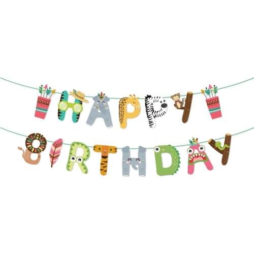 Happy Birthday Cartoon Animals Banners Woodland Animals Party Decorations Baby Shower Indian Wild Animal Hanging Bunting