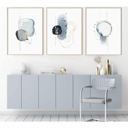 Self-adhesive Wall Stickers Abstract Blue Gold Drawn Sketch Painting Minimalist Wall Art Poster Print Picture Home Decoration