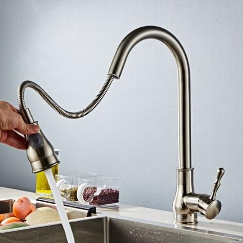 360 Rotate Brushed Mixer Kitchen Faucet Brass Crane Kitchen Faucets Pull Out Hot and Cold Water Mixer Tap Single Hole MixerTap